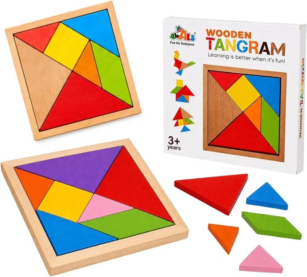 Wooden Brain Teaser Tangram Puzzle for Kids, 7pcs Wooden IQ Learning Toy,