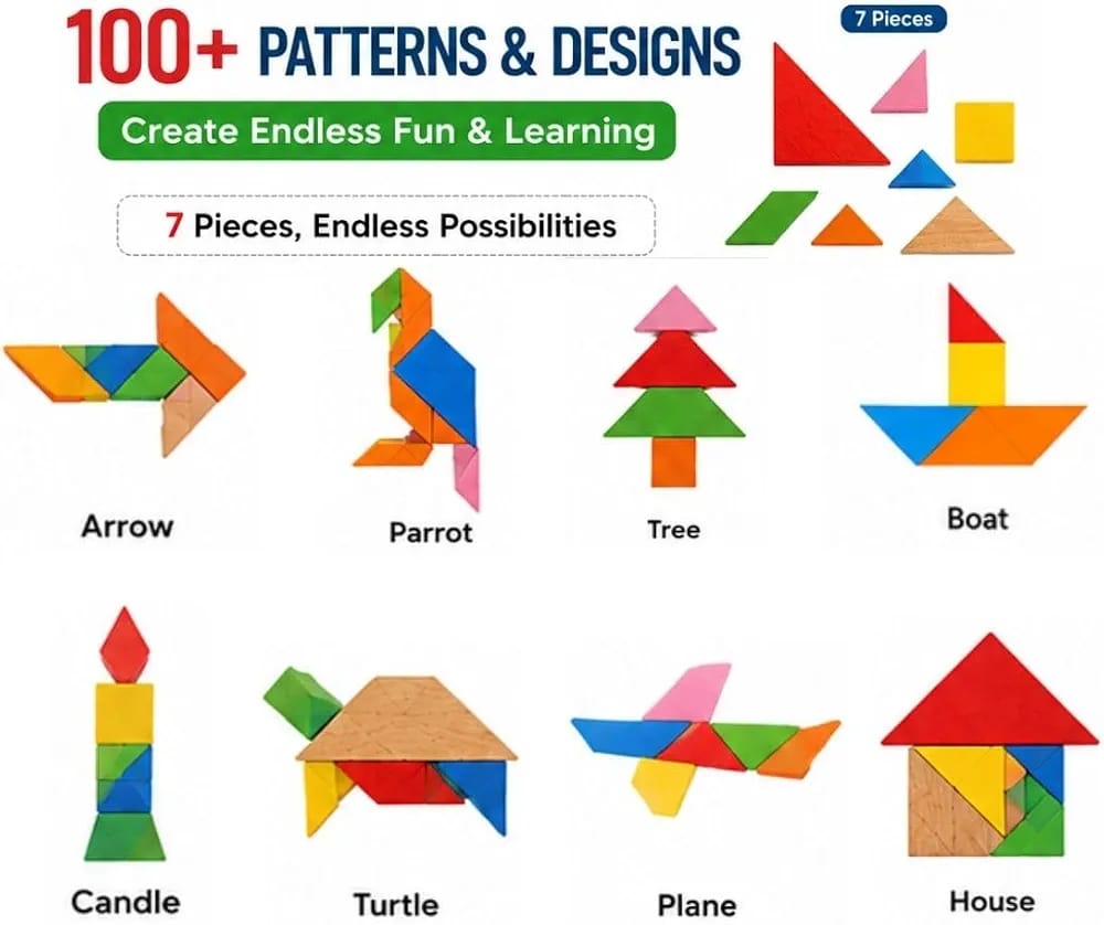 Wooden Brain Teaser Tangram Puzzle for Kids, 7pcs Wooden IQ Learning Toy,