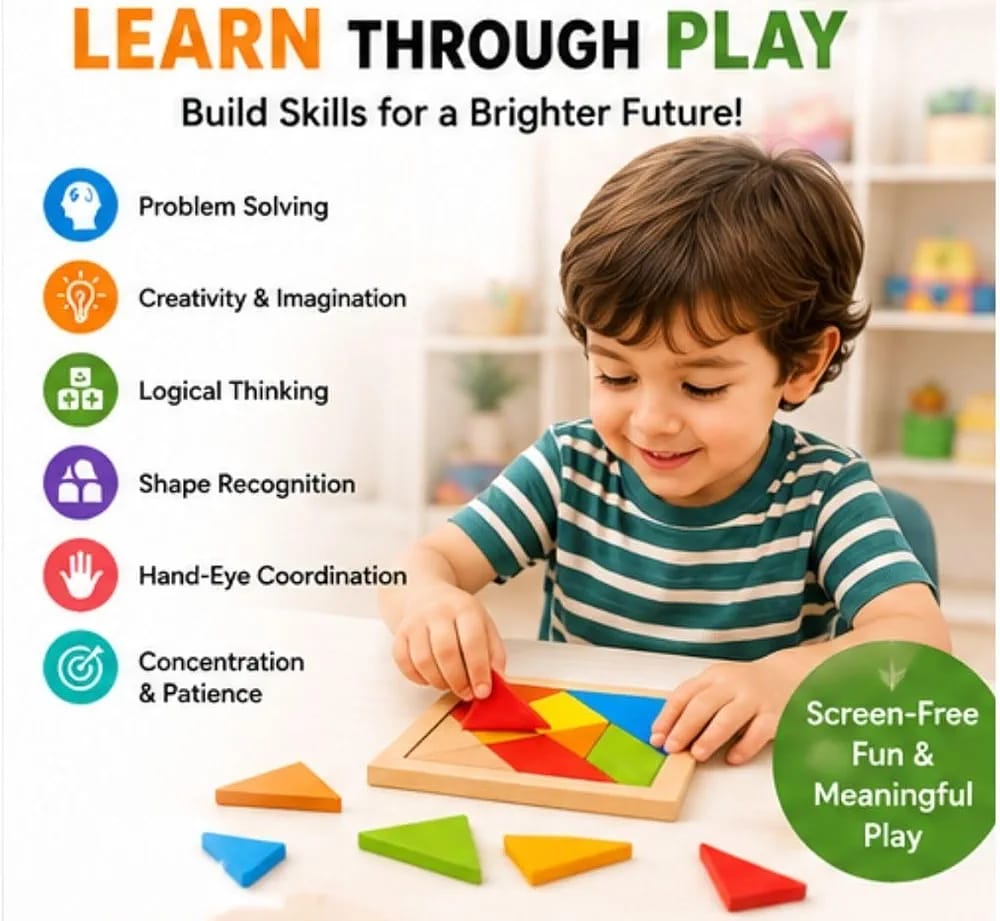 Wooden Brain Teaser Tangram Puzzle for Kids, 7pcs Wooden IQ Learning Toy,