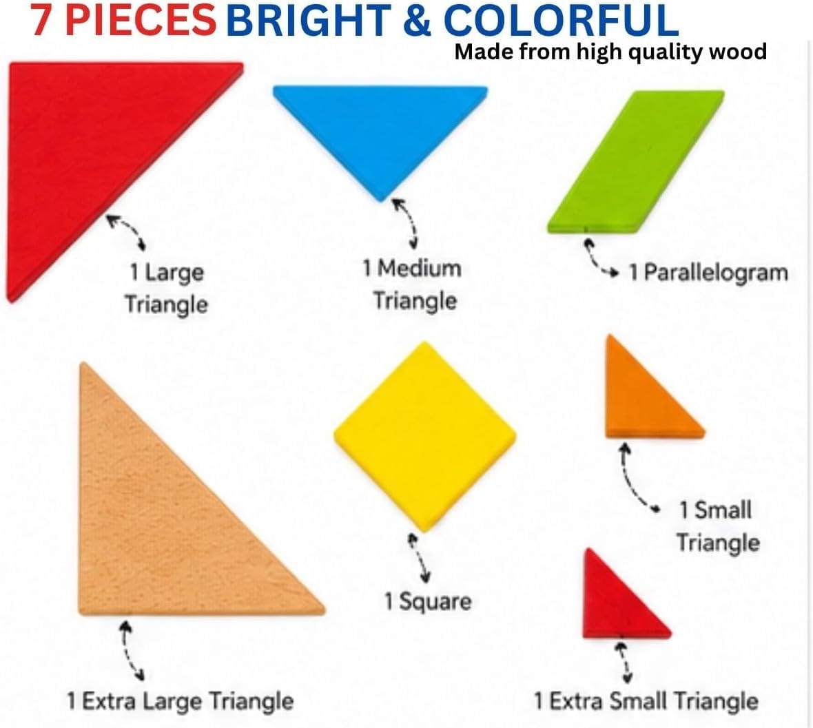 Wooden Brain Teaser Tangram Puzzle for Kids, 7pcs Wooden IQ Learning Toy,