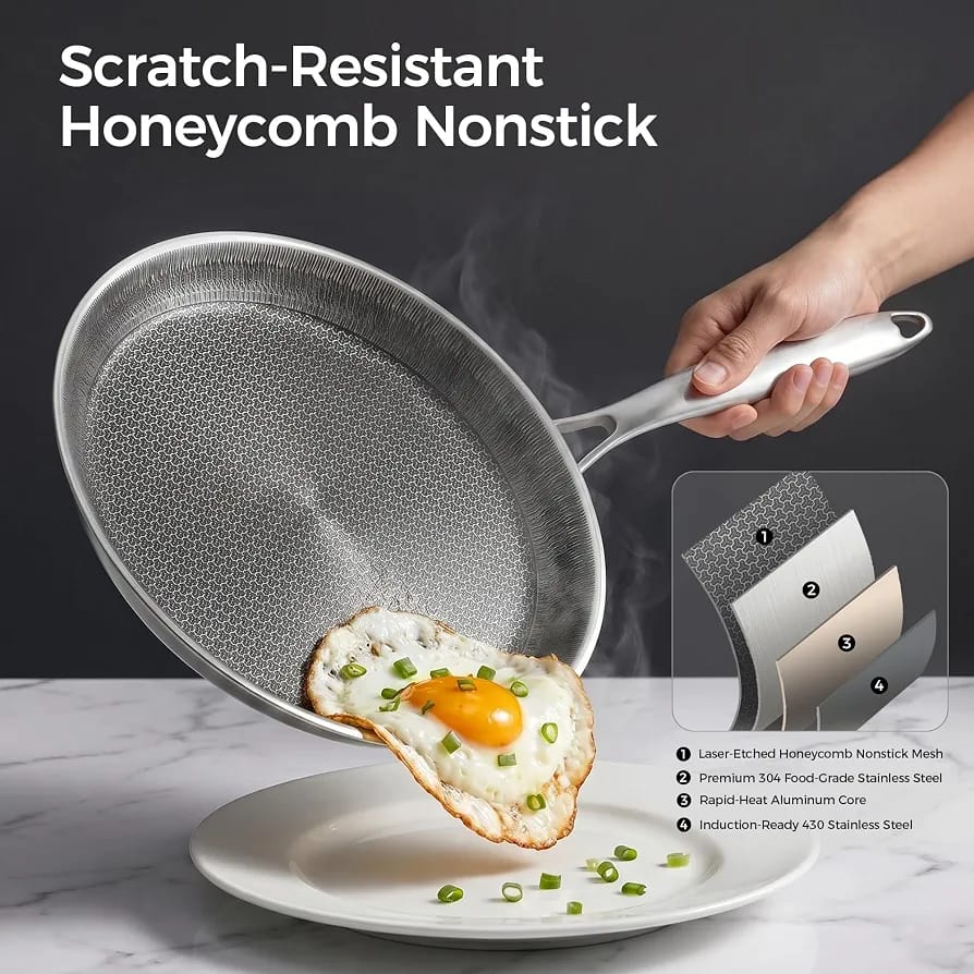 Stainless Steel Nonstick Crepe Pan Honeycomb Laser coating, PFOA-free. Compatible with All Stoves