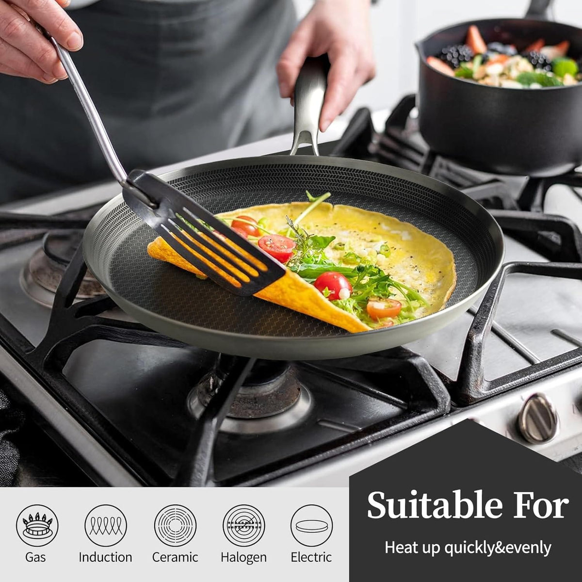 Stainless Steel Nonstick Crepe Pan Honeycomb Laser coating, PFOA-free. Compatible with All Stoves